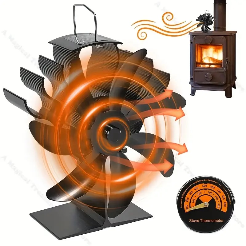 Thermodynamic Fireplace Fan Energy Saving, Silent Six Blade Stove Fan for Wood Stove Home Heating