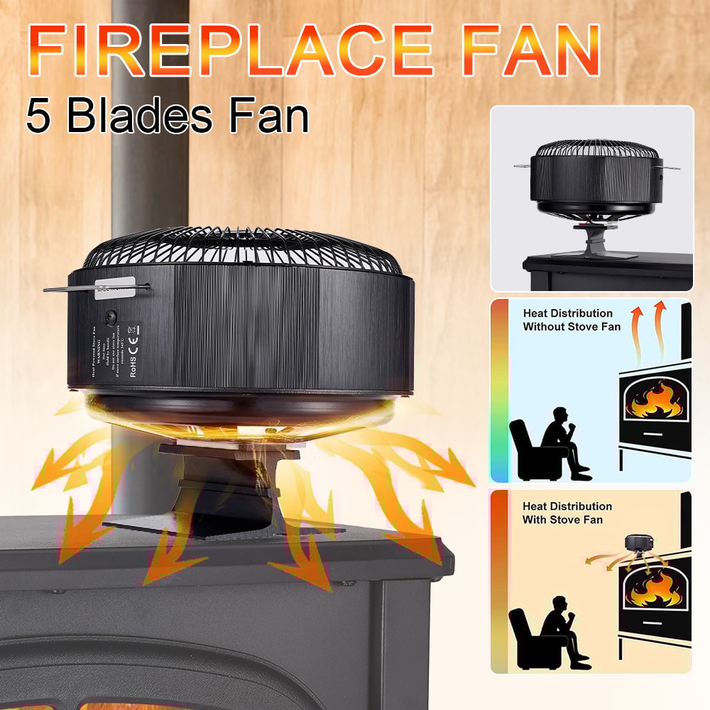 Log Wood Fireplace Fan Burner Quiet, 5 Blades Stove Fan Heat Powered Free Standing Home Warmer