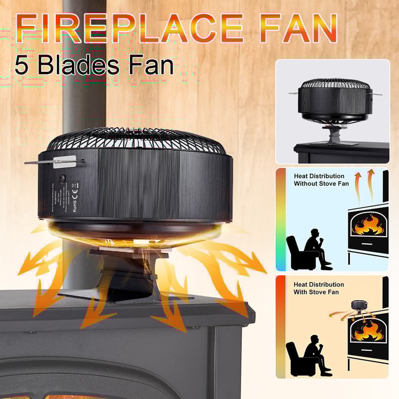 Log Wood Fireplace Fan Burner Quiet, 5 Blades Stove Fan Heat Powered Free Standing Home Warmer