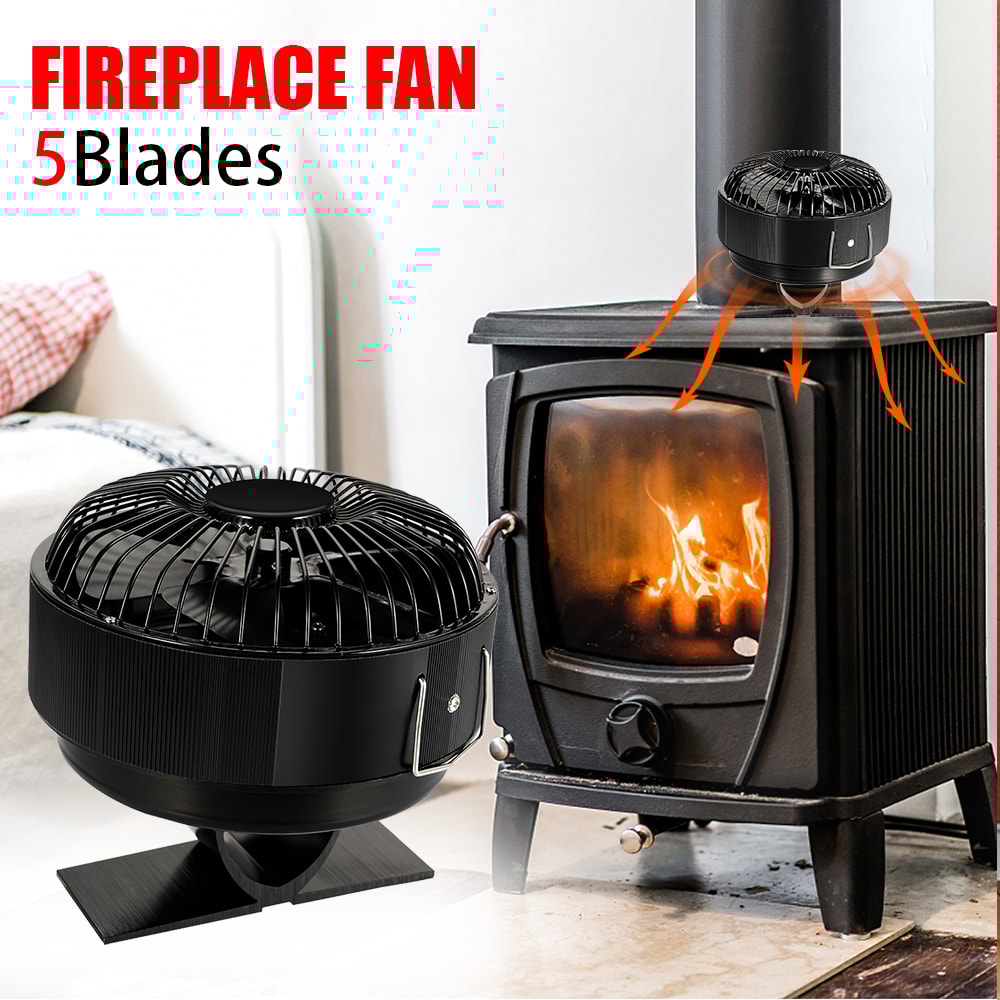 Log Wood Fireplace Fan Burner Quiet, 5 Blades Stove Fan Heat Powered Free Standing Home Warmer