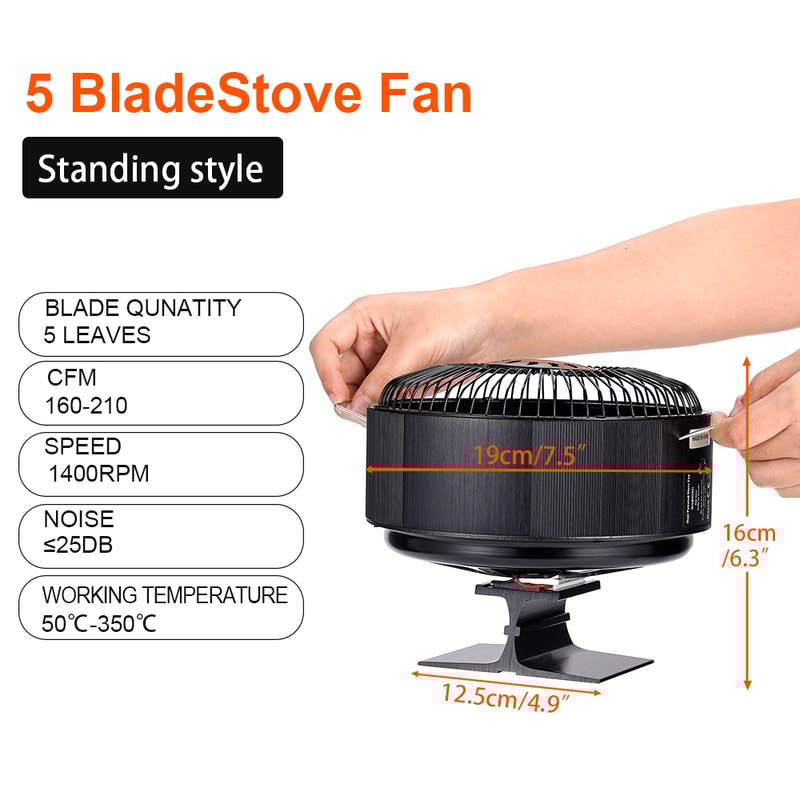 Log Wood Fireplace Fan Burner Quiet, 5 Blades Stove Fan Heat Powered Free Standing Home Warmer