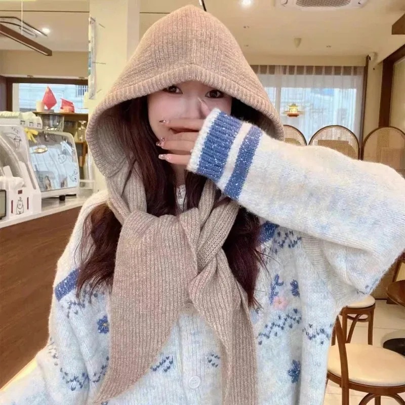 Knitted Hooded Cap Winter Keep Warm Balaclava Scarf Hats For Outdoor Ski Cold Hat Women Thicken Nec 3