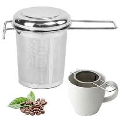 tea strainer with lid, collapsible double handle, stainless steel tea drain for easy brewing