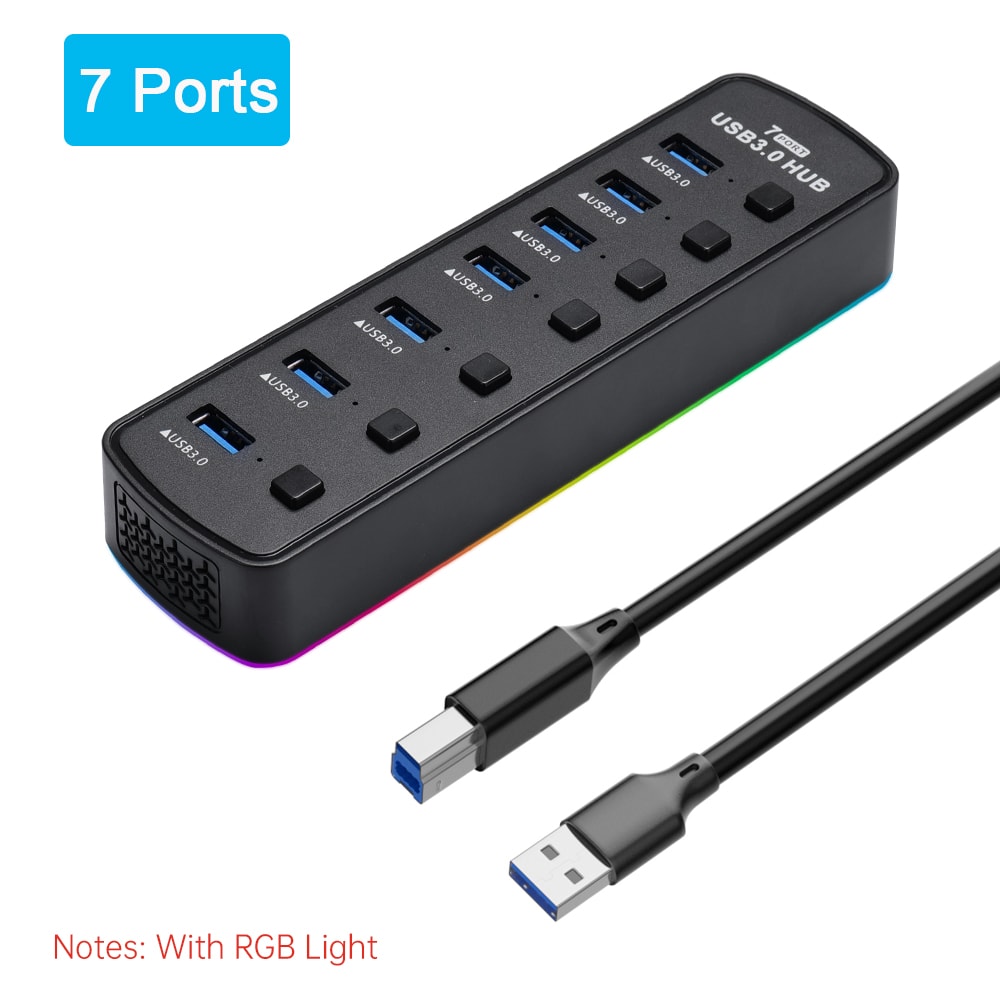 USB Hub with RGB Lights, 5Gbps Speed, Individual On/Off Switch Docking Station