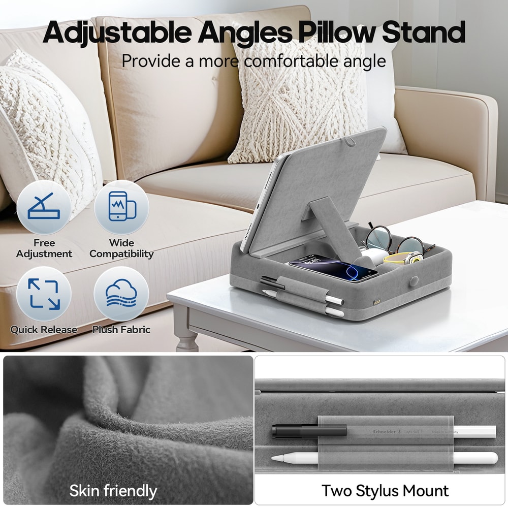 Foldable Tablet Pillow Stand, iPad Holder for Bed and Lap, Adjustable Dock with Storage and Stylus Mount