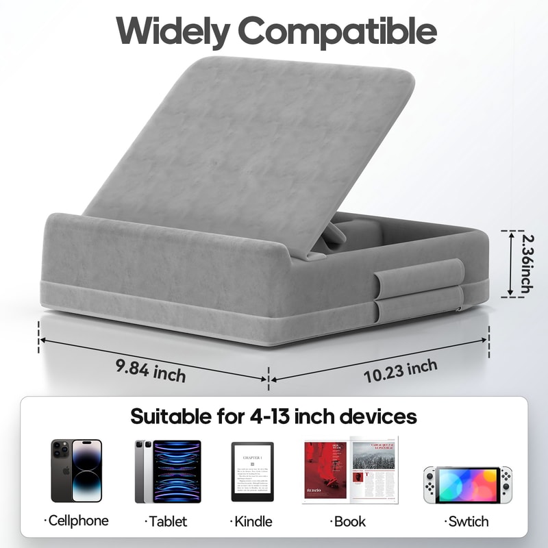 Foldable Tablet Pillow Stand, iPad Holder for Bed and Lap, Adjustable Dock with Storage and Stylus Mount