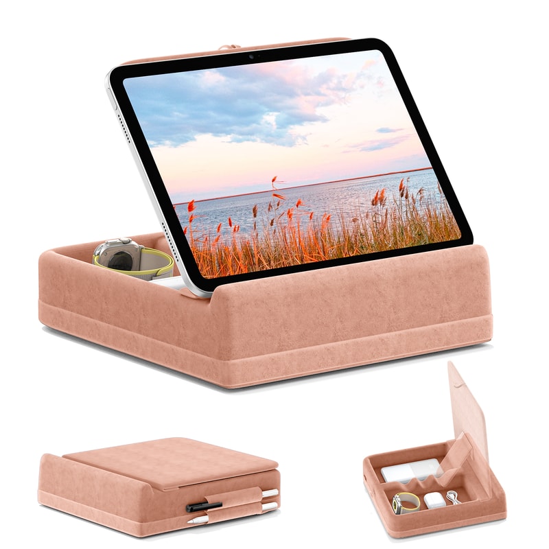 Foldable Tablet Pillow Stand, iPad Holder for Bed and Lap, Adjustable Dock with Storage and Stylus Mount