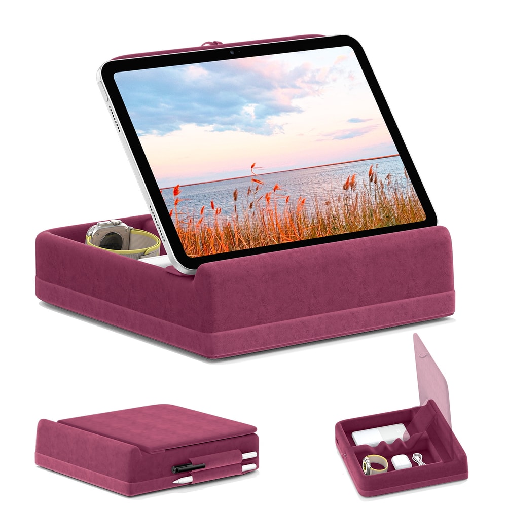 Foldable Tablet Pillow Stand, iPad Holder for Bed and Lap, Adjustable Dock with Storage and Stylus Mount