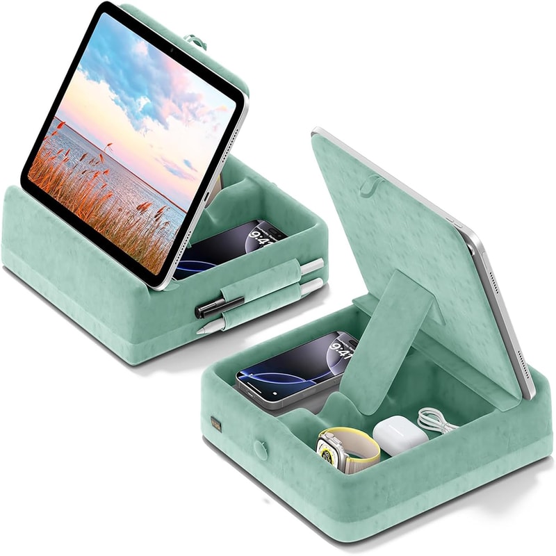Foldable Tablet Pillow Stand, iPad Holder for Bed and Lap, Adjustable Dock with Storage and Stylus Mount