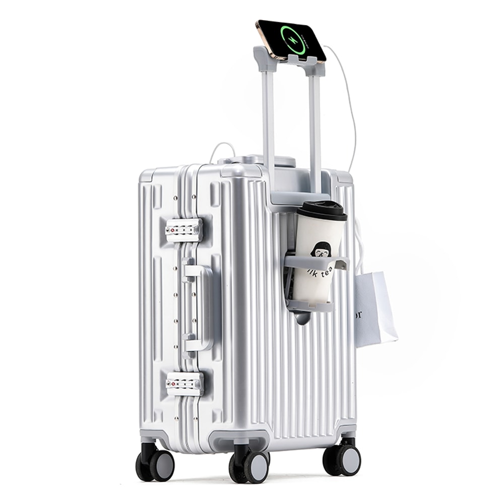 Aluminum Frame Trolley Case Silent Wheels Mobile Phone Holder USB Charging For Vacation Business T 1
