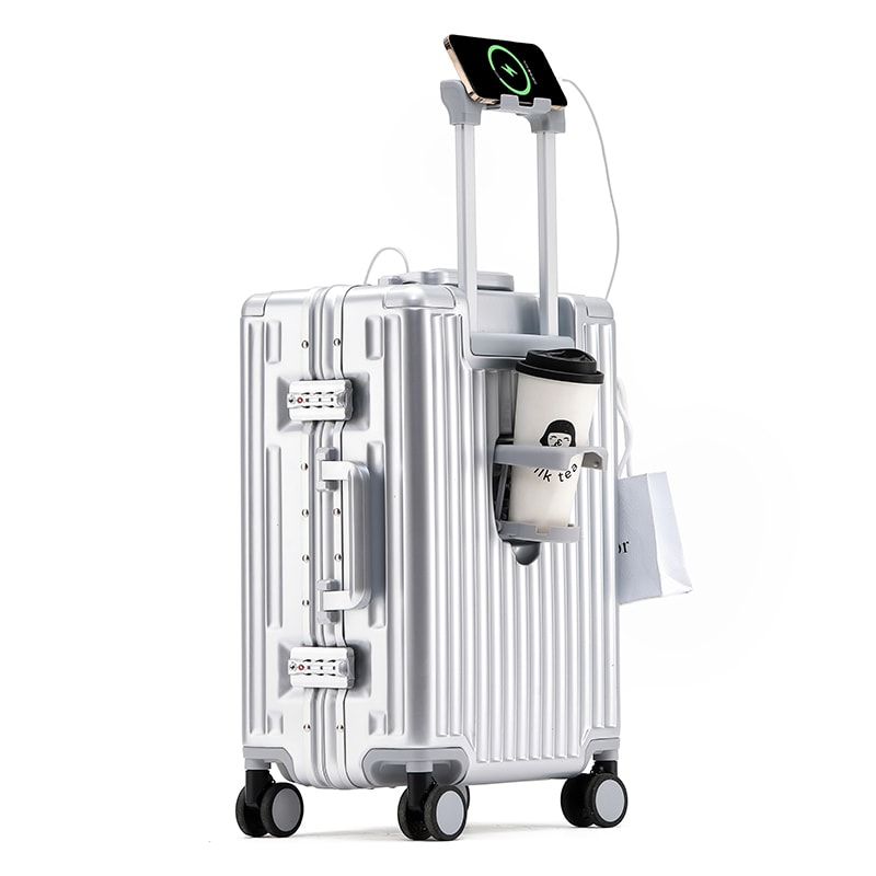 Aluminum Frame Trolley Case Silent Wheels Mobile Phone Holder USB Charging For Vacation Business T 1