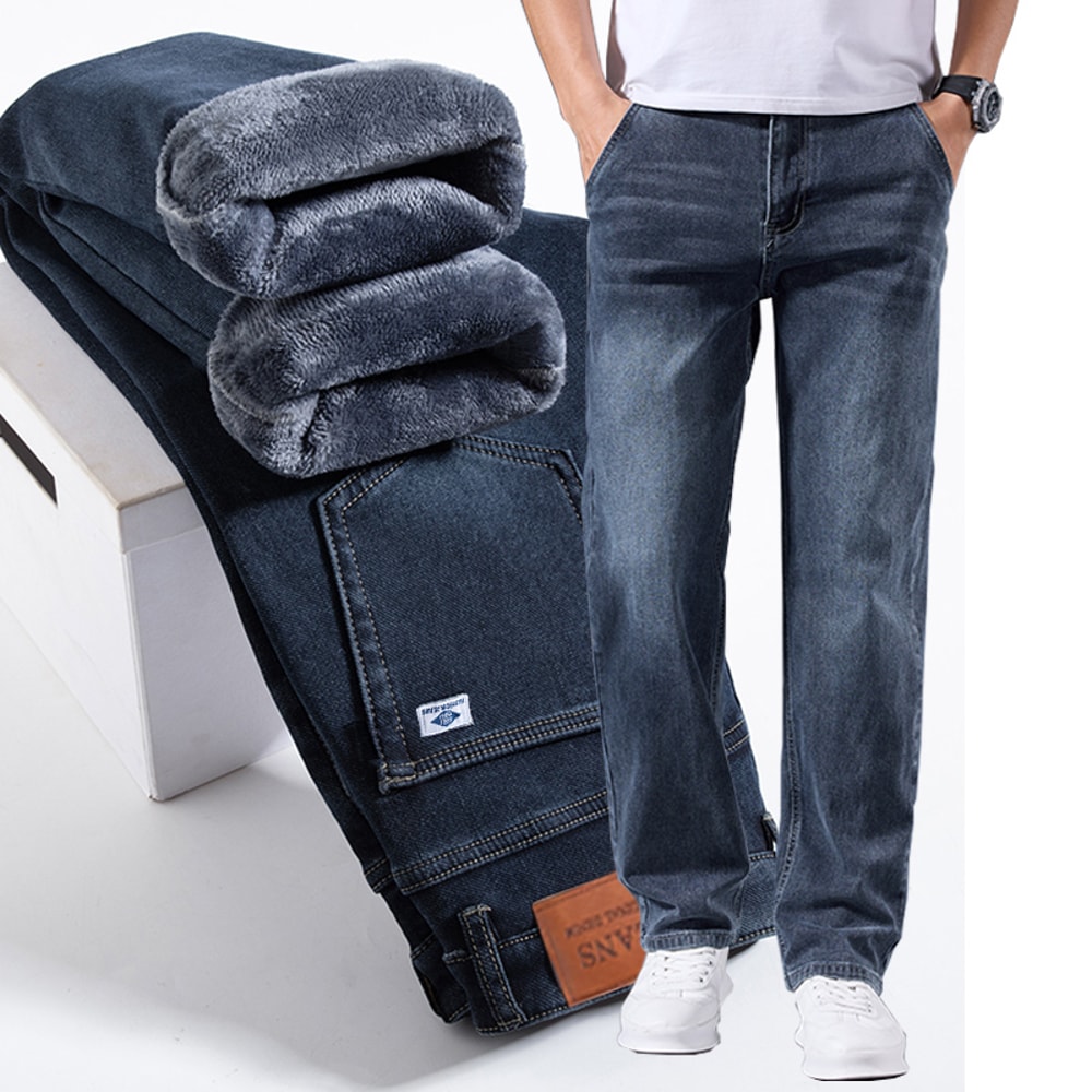 Stretchable Men Winter Fleece Lined Jeans Lightweight Business Casual Trousers For Office Everyday 0