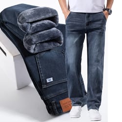 stretchable men winter fleece lined jeans, lightweight business casual trousers for office & everyday use
