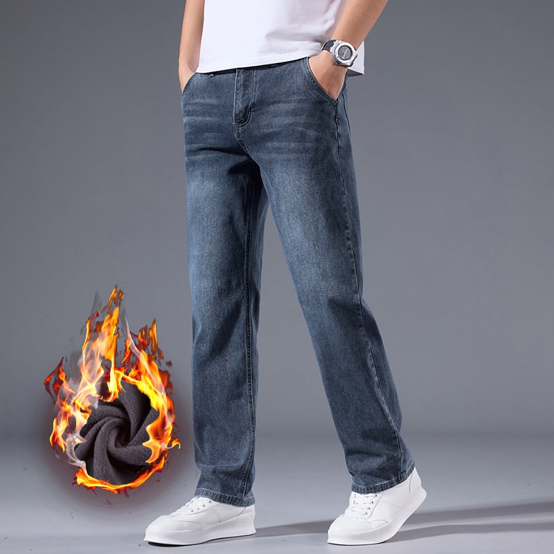 Stretchable Men Winter Fleece Lined Jeans Lightweight Business Casual Trousers For Office Everyday 1