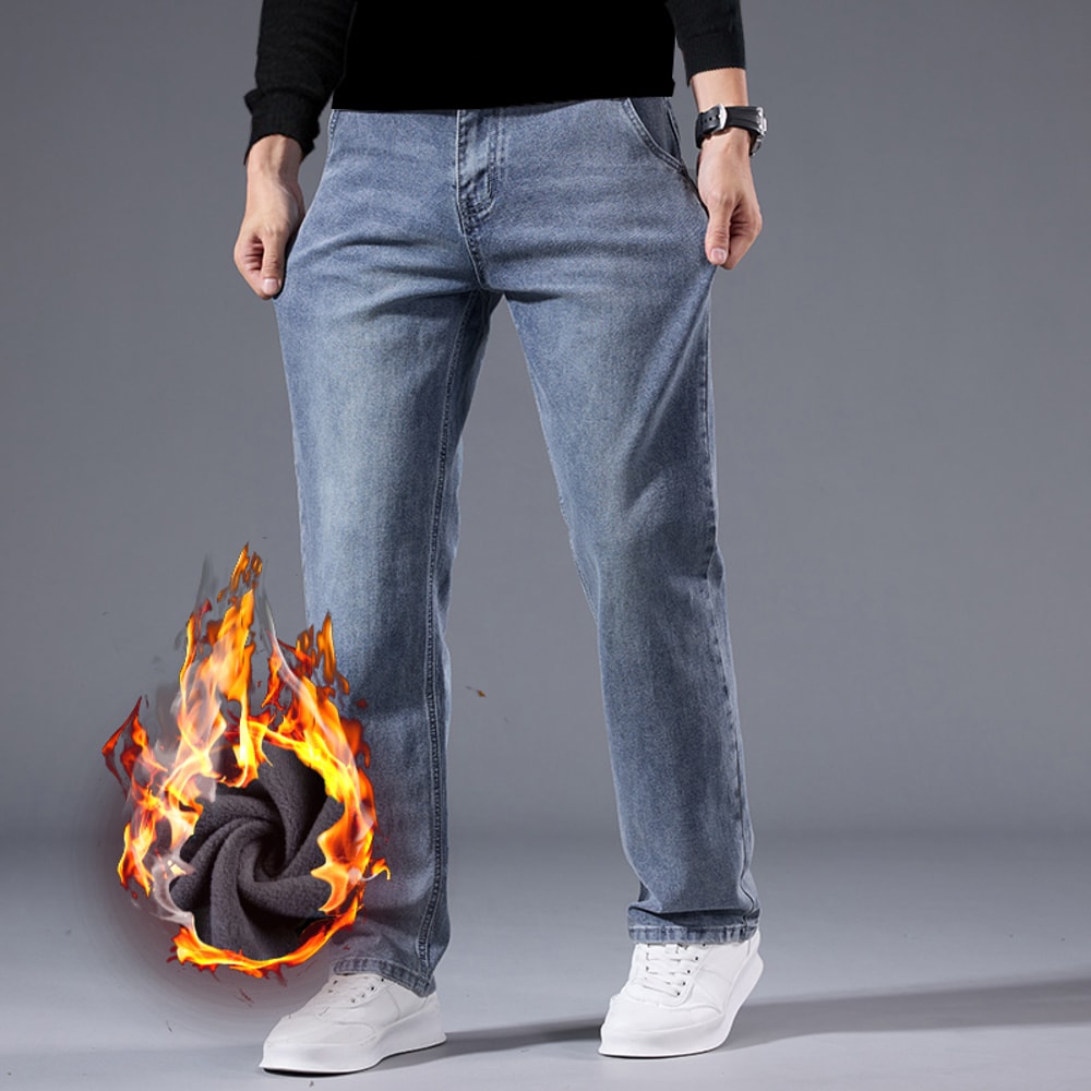 Stretchable Men Winter Fleece Lined Jeans Lightweight Business Casual Trousers For Office Everyday 3