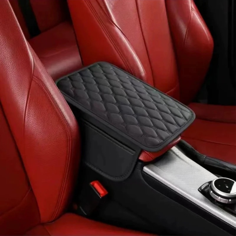 Beige Quilted Leather Car Armrest Cushion With Storage Fit Most Auto Consoles 1