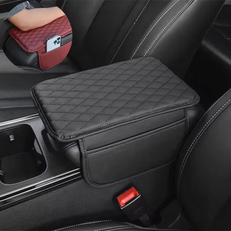 Beige Quilted Leather Car Armrest Cushion With Storage Fit Most Auto Consoles 2