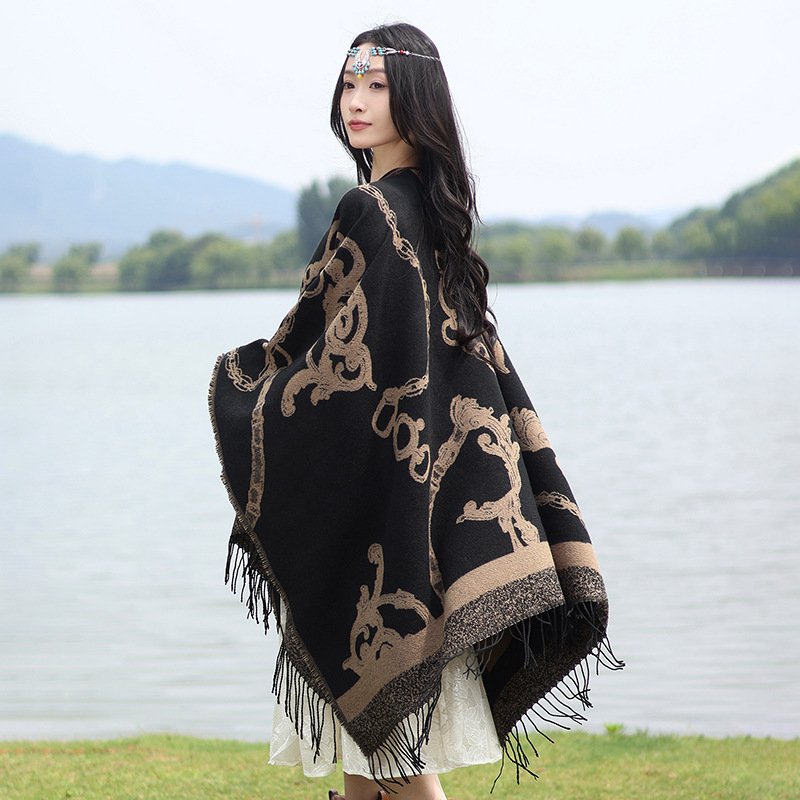 Thick Acrylic Cashmere Cape Long Poncho, Fashion Luxury Jacquard Unisex Travel Winter Shawl