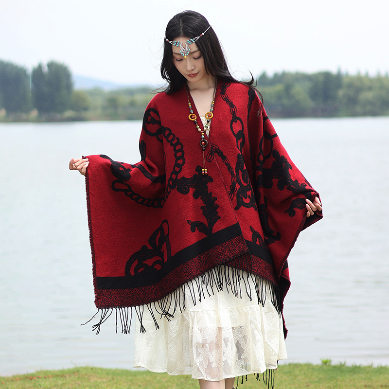 Thick Acrylic Cashmere Cape Long Poncho, Fashion Luxury Jacquard Unisex Travel Winter Shawl