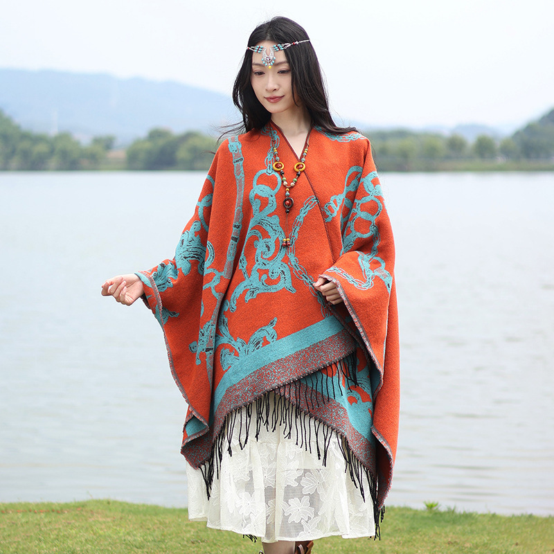 Thick Acrylic Cashmere Cape Long Poncho, Fashion Luxury Jacquard Unisex Travel Winter Shawl