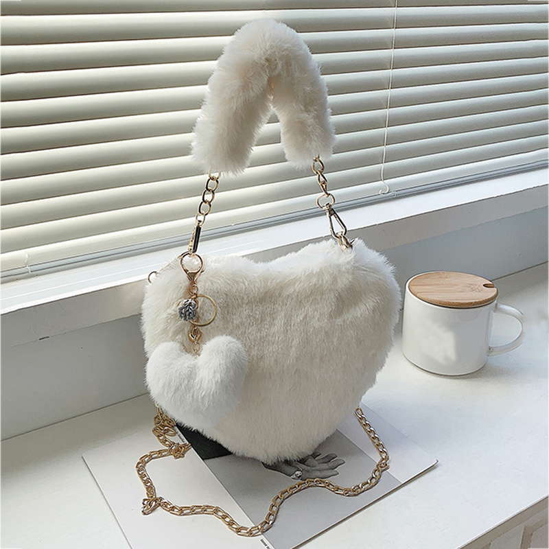 Faux Fur Heartshaped Handbag Fluffy Plush Ladies Shoulder Bag Fashion Female Furry Clutch Purse For 1