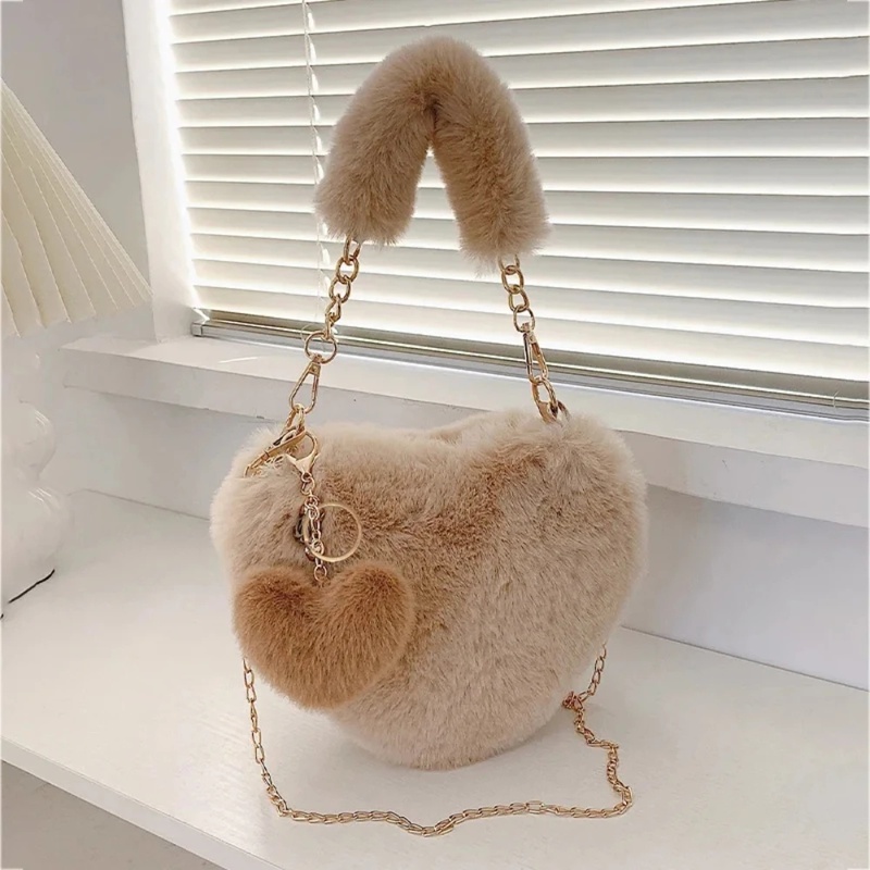 Faux Fur Heartshaped Handbag Fluffy Plush Ladies Shoulder Bag Fashion Female Furry Clutch Purse For 2