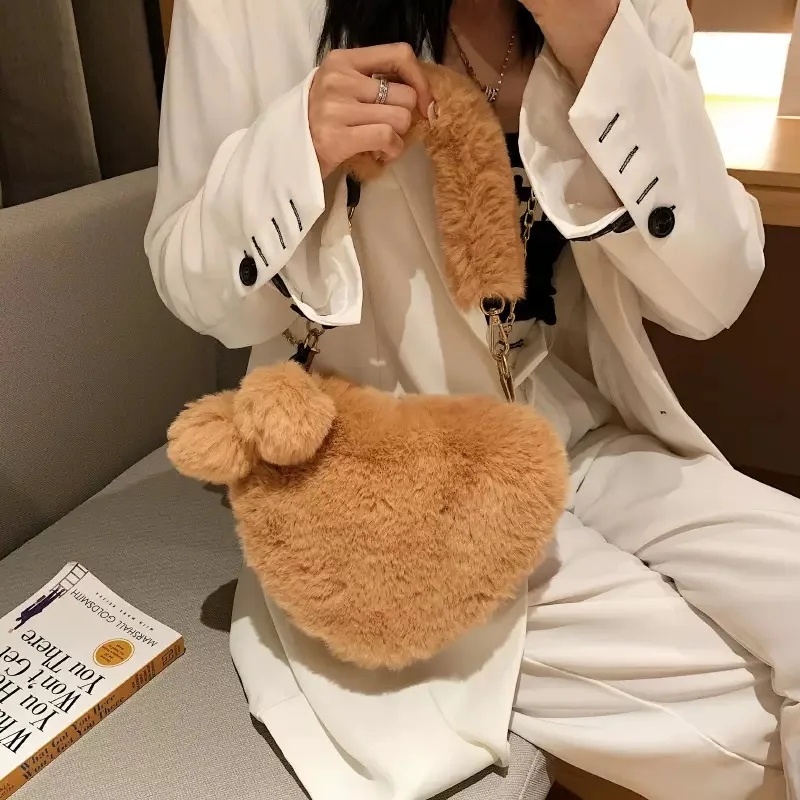 Faux Fur Heartshaped Handbag Fluffy Plush Ladies Shoulder Bag Fashion Female Furry Clutch Purse For 3