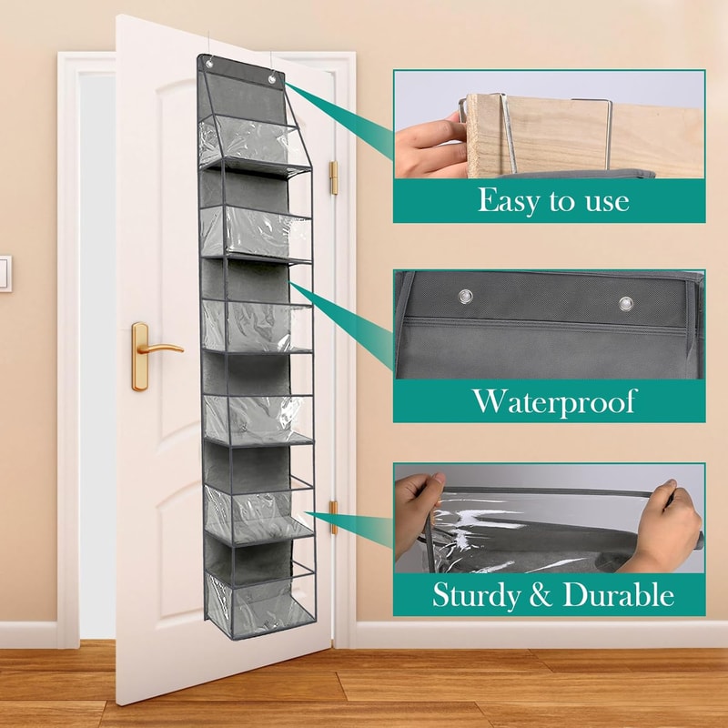 Behind The Door Storage Organizer, 6-Shelf Over The Door Hanging Pantry Organizer, with Clear Plastic Pockets