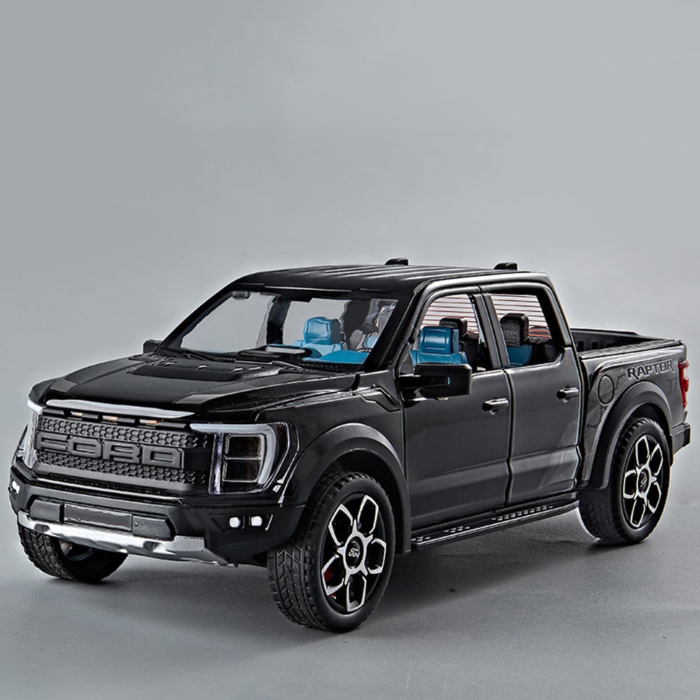 Alloy Diecast Ford Raptor F150 Pickup Truck Toy Car, Doors Opened Pull Back, Sound and Light Model Car for Boys