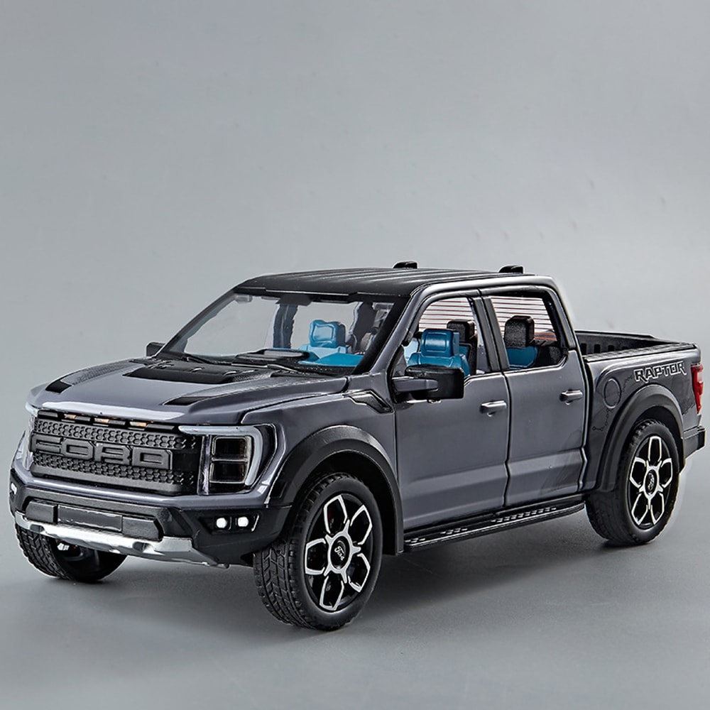 Alloy Diecast Ford Raptor F150 Pickup Truck Toy Car, Doors Opened Pull Back, Sound and Light Model Car for Boys