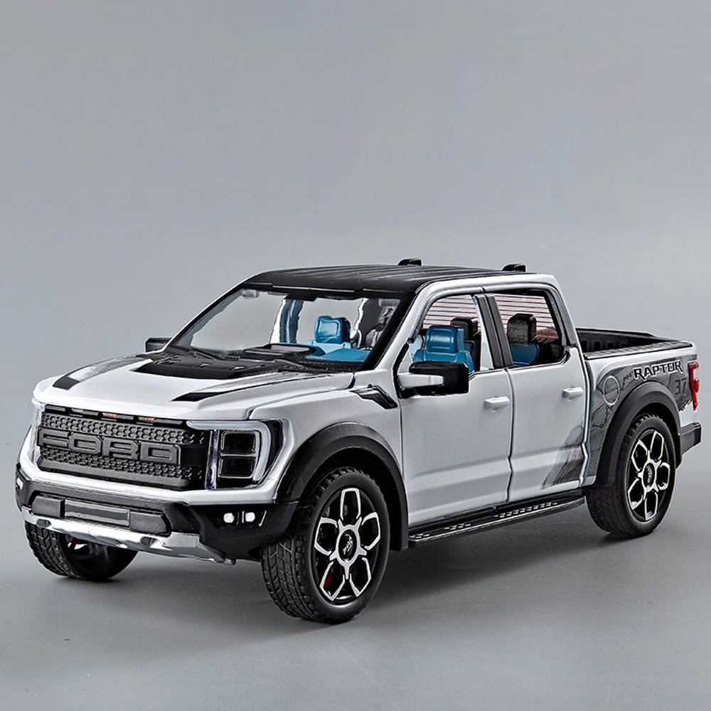 Alloy Diecast Ford Raptor F150 Pickup Truck Toy Car, Doors Opened Pull Back, Sound and Light Model Car for Boys