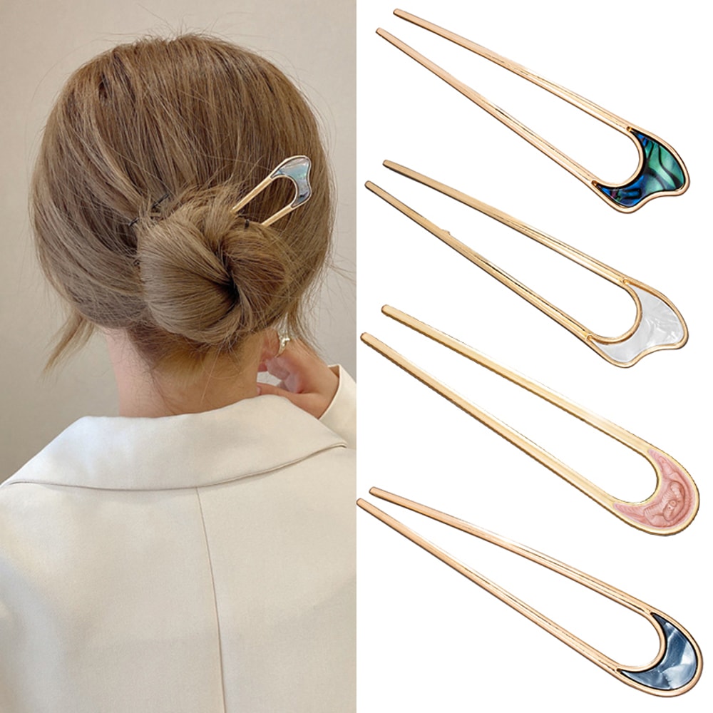 Fashion Luxury Silver Gold Enamel Shell Hairpin For Women U Shape Metal Hair Stick Elegant Hairwear 1