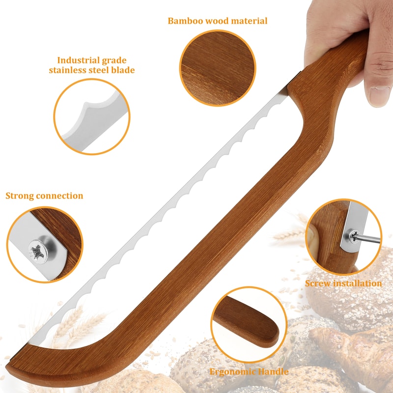 Serrated Bagel Cutter Bread Bow Cutter With Bamboo Handle Stainless Steel Sourdough Bread Slicer Po 4