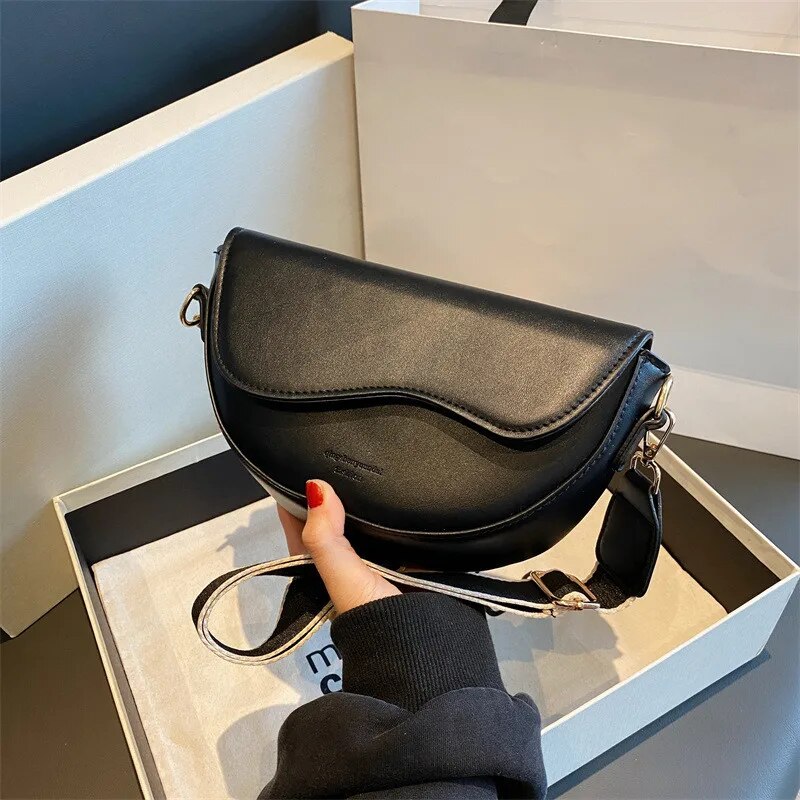 Small Saddle Women Vintage Solid Color Flap Underarm Bag Fashion PU Leather Wide Strap Crossbody 3