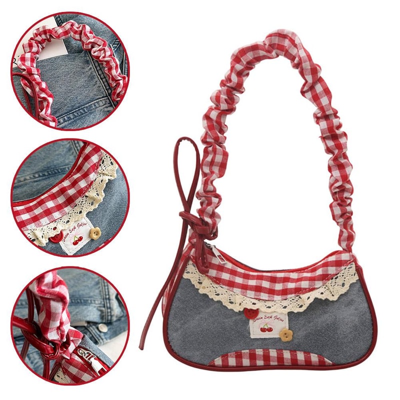 Denim Blue Bow Plaid Shoulder Bag, Lace Ribbon Cloth Underarm Bags, Large Capacity All-match Sweet French Stick Handbag