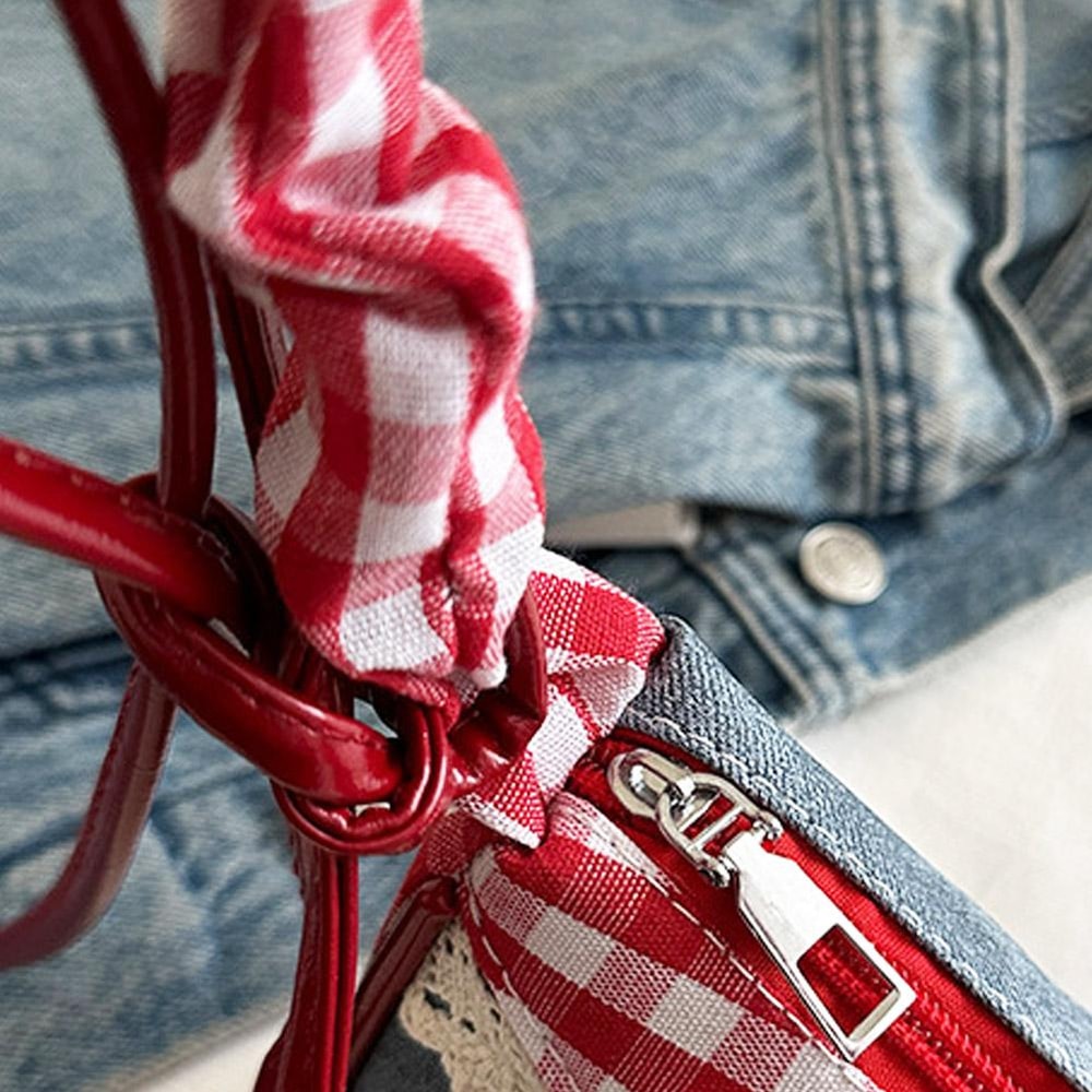 Denim Blue Bow Plaid Shoulder Bag, Lace Ribbon Cloth Underarm Bags, Large Capacity All-match Sweet French Stick Handbag