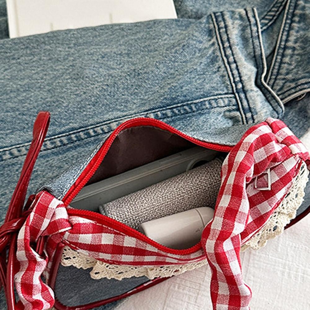 Denim Blue Bow Plaid Shoulder Bag, Lace Ribbon Cloth Underarm Bags, Large Capacity All-match Sweet French Stick Handbag