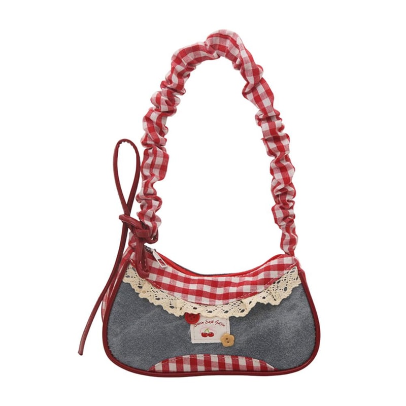 Denim Blue Bow Plaid Shoulder Bag, Lace Ribbon Cloth Underarm Bags, Large Capacity All-match Sweet French Stick Handbag