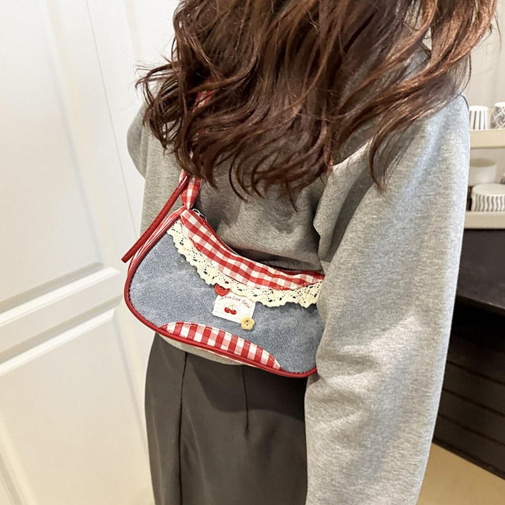 Denim Blue Bow Plaid Shoulder Bag, Lace Ribbon Cloth Underarm Bags, Large Capacity All-match Sweet French Stick Handbag