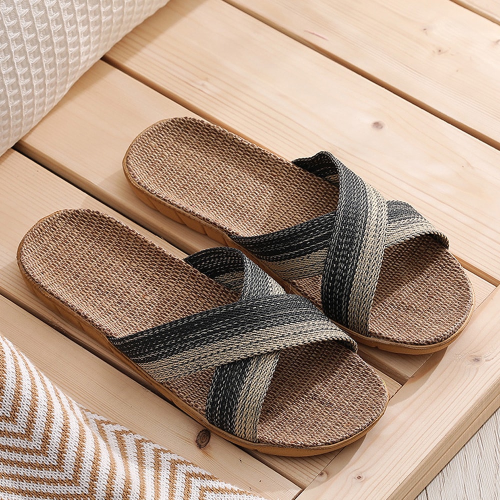 Casual Linen Slides Summer Men Flax Slippers Non-Slip Indoor Shoes Male Sandals