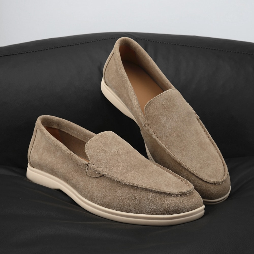 Classic Round Toe Soft Leather Loafers, Men's Suede Leather Comfort Loafers, Flat Casual Shoes
