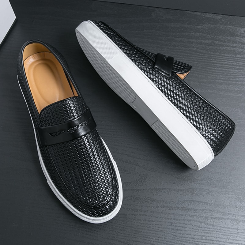Mens Slip On Loafers Soft Leather Shoes Weave Pattern Sneakers Casual Flats 1
