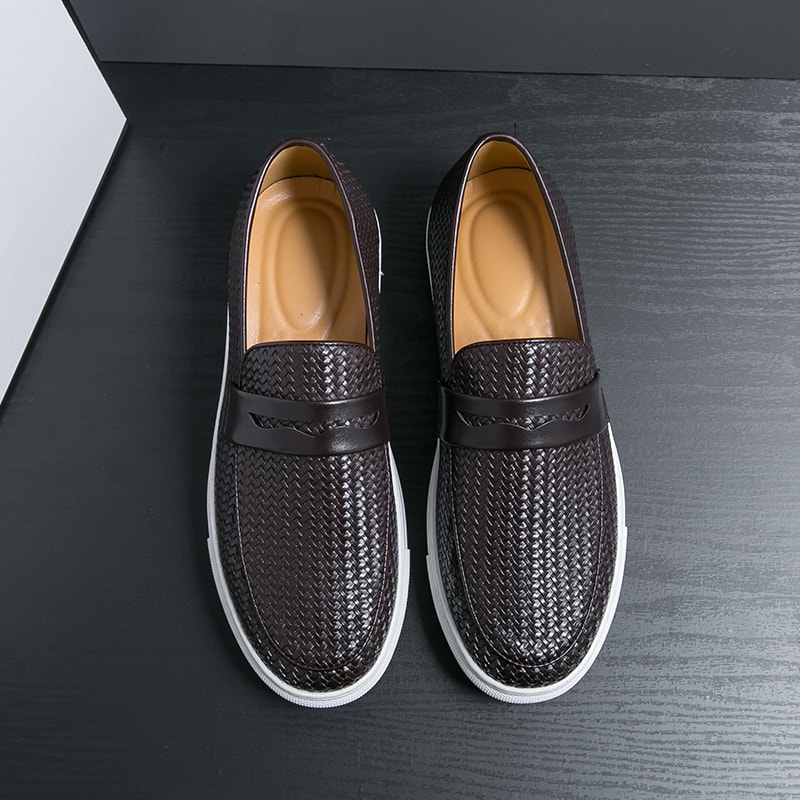 Mens Slip On Loafers Soft Leather Shoes Weave Pattern Sneakers Casual Flats 3