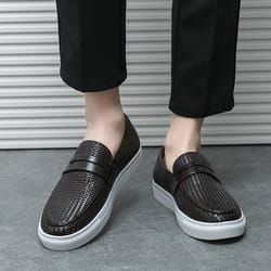 men's slip on loafers, soft leather shoes, weave pattern sneakers, casual flats