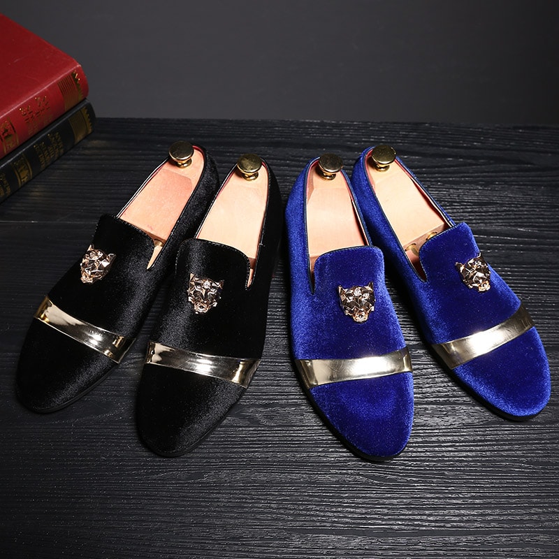 Fashion Quality Tiger Gold Metal Men Dress Shoes New Men Wedding Loafers Velvet Shoes 1