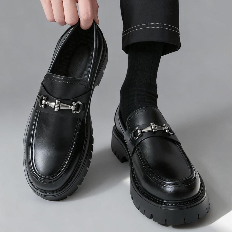 Men's Penny Loafers, Slip-On Business Shoes, Fashion Classic Thick Sole with Metal Buckle