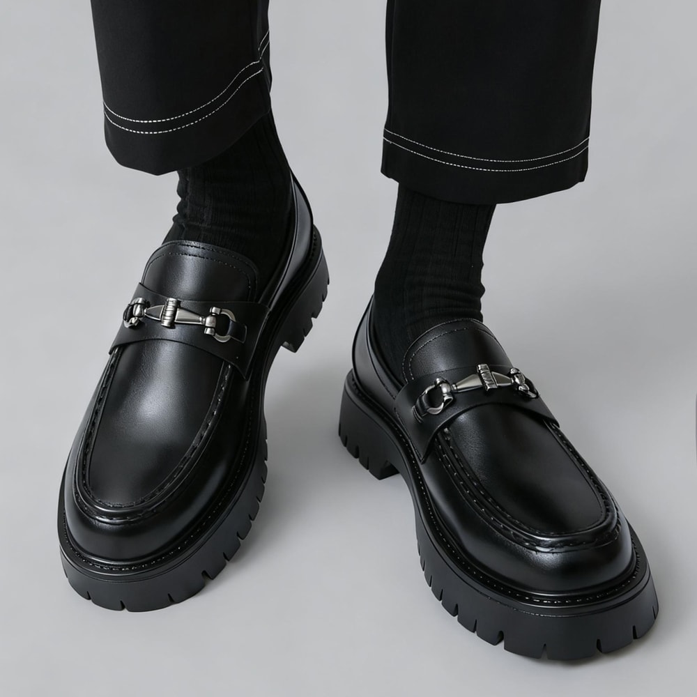 Men's Penny Loafers, Slip-On Business Shoes, Fashion Classic Thick Sole with Metal Buckle