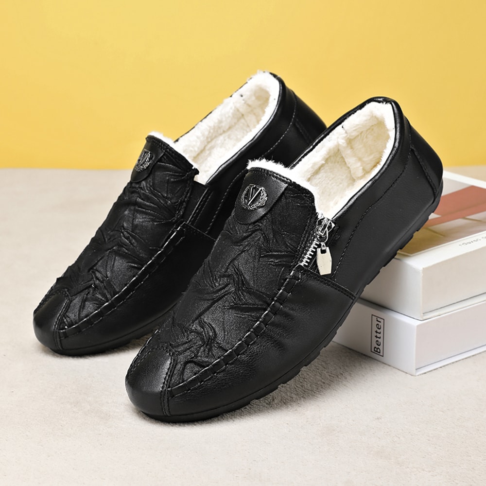 Plush Winter Leather Casual Shoes Comfortable Loafers Lightweight Driving Slipon Shoes For Men Lazy 4