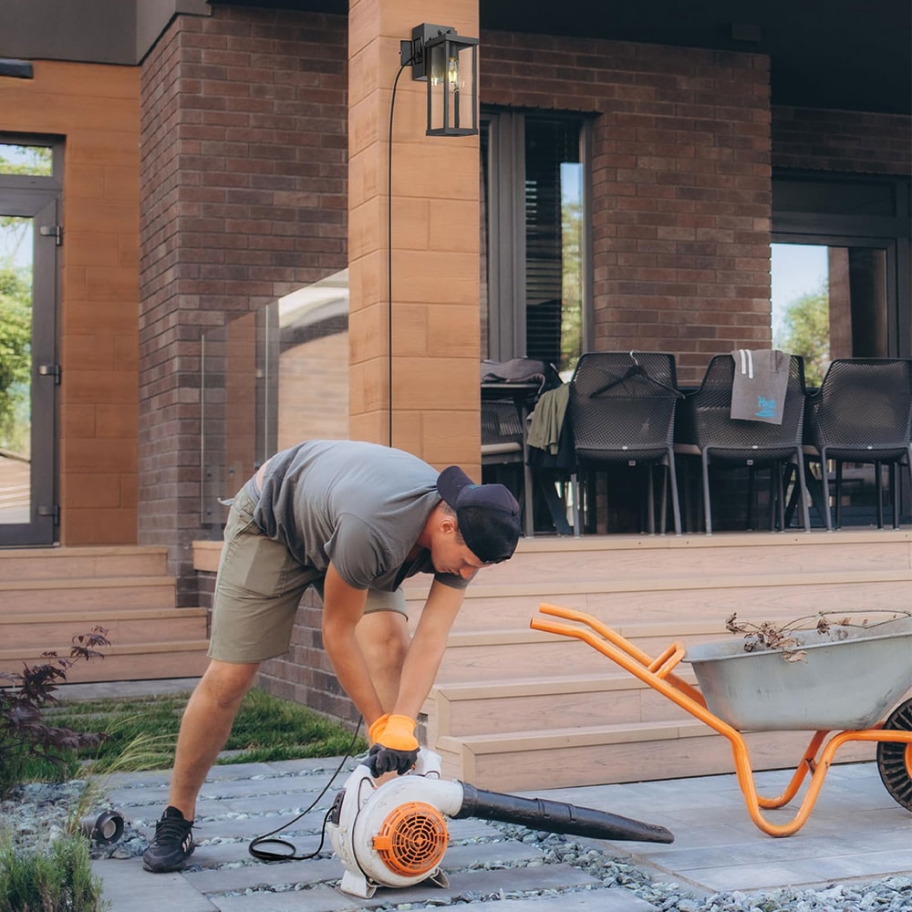 Outdoor Porch Light with Outlet, Dusk to Dawn Wall Mount Exterior Lighting for House, Patio & Garage