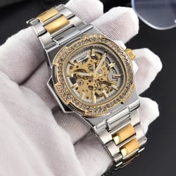 automatic man watch, luxury stainless steel mechanical skeleton waterproof diamond watch